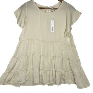 NWT GLAM Babydoll Tunic Tiered Flutter Sleeve Keyhole Back Blouse Womens S Cream